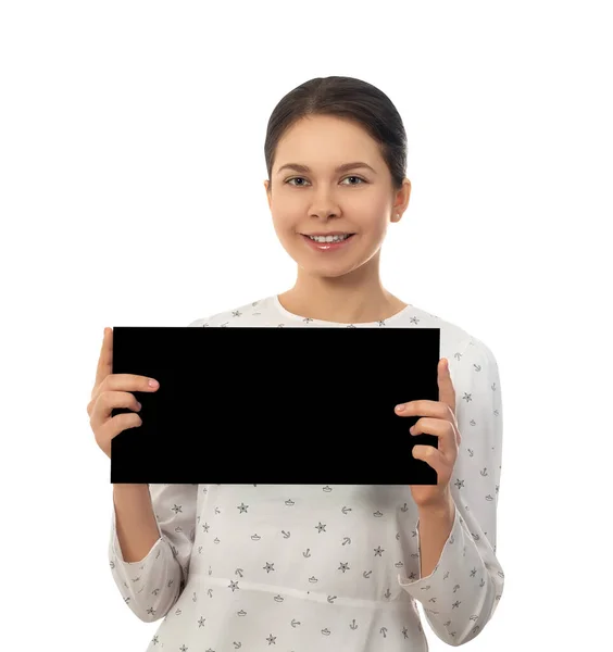 Mulher Segurando Placa Preta Suas Mãos Isolado Sobre Fundo Branco — Fotografia de Stock