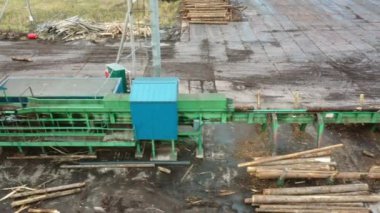 Sorting of wood in the production of lumber. Forestry, woodworking, logging. Birds-eye view.