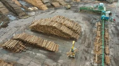 A logging machine transports logs to a stack. Loader of logs at the sawmill of coniferous trees.