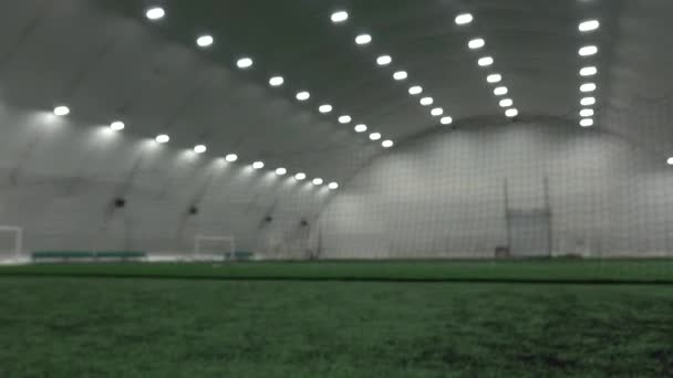 Una pelota de fútbol colocada en un césped de hierba verde con un espacio de copia. — Vídeos de Stock