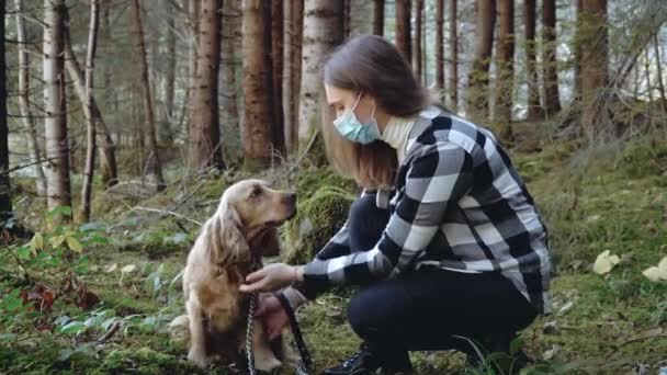 Chica en máscara médica en el bosque acariciando perro con cocker spaniel en el bosque — Vídeos de Stock