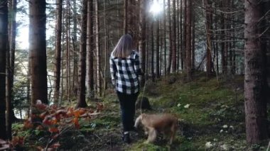 Tıbbi maskeli genç beyaz kız parkta bir köpek cocker 'la yürüyor.