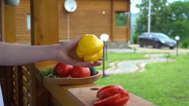 Girl Knife Board Cuts Ripe Yellow Bell Pepper High Quality — Stock Video