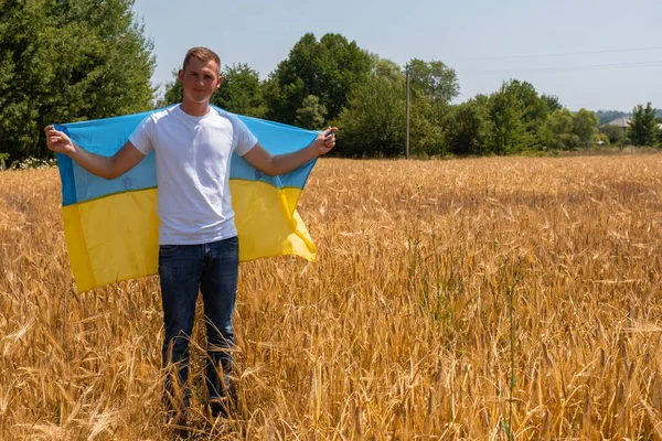 Stop the war, the concept of a food crisis caused by Russias aggression against Ukraine. A young guy, in a wheat field, covers the wheat with the flag of Ukraine. Hope protection, peace. High quality