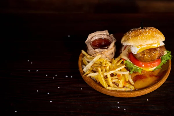 Burger Potato Pancakes Meat Wooden Vintage Table American Food Concept — Zdjęcie stockowe