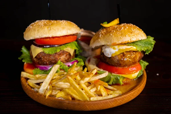 Two Homemade Beef Burgers Mushrooms Micro Greens Red Onion Fried — Zdjęcie stockowe