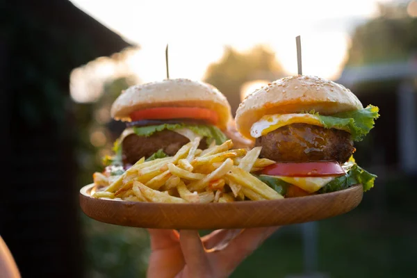 Two Hamburgers Beef Burger Cutlet Fried Onion Ketchup Sauce Cheese — Zdjęcie stockowe