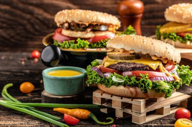 Köy arka planında sebzeli sığır etli burger. Fast food ve abur cubur kavramı,