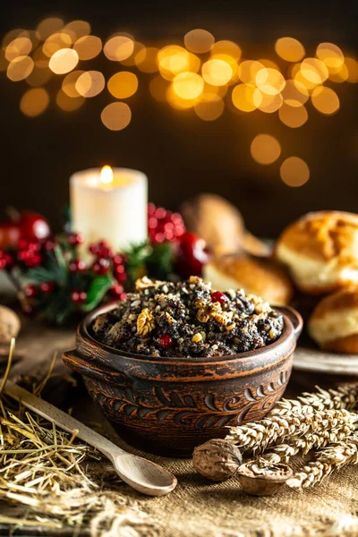 Pote Com Kutia Refeição Tradicional Véspera Natal Refeição Doce Fundo — Fotografia de Stock