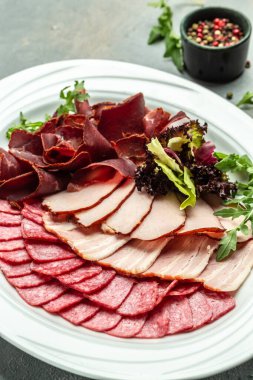 Salamlı, prosciutto, jambonlu, seçmeli et tabağı. dikey görüntü. en üstteki görünüm.