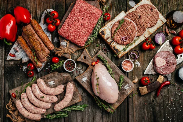 Vari Tipi Carne Cruda Alla Griglia Barbecue Pollo Bistecca Salsicce — Foto Stock