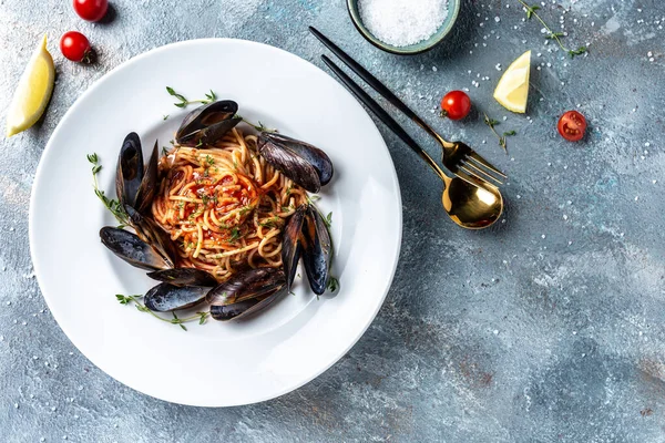Seafood Spaghetti Pasta Clams Vongole Plate Banner Menu Recipe Place — Stock Photo, Image