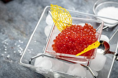 Kristal bir kasede buzlu lezzetli kırmızı havyar. En iyi kalitede bir ürün. Yemek tarifi geçmişi. Kapat..