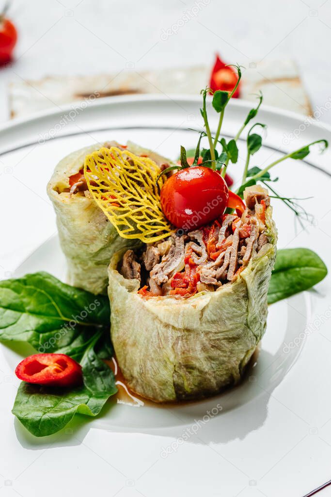 cabbage rolls stuffed with ground beef. Restaurant menu, dieting, cookbook recipe.