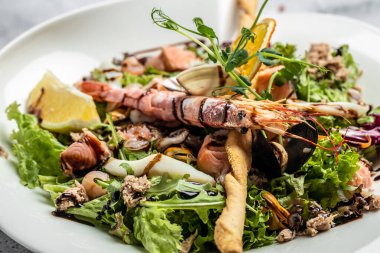 Deniz ürünleri salatası ızgara karides ve taze sebze. Lezzetli atıştırmalıklar, temiz yiyecekler, diyet, vejetaryen yemek konsepti. en üstteki görünüm.