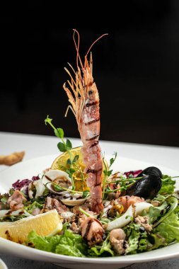 Sağlıklı deniz ürünleri tabağı ızgara karides ve taze sebze salatası. Üst görünüm.