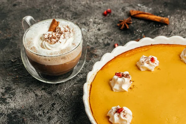 Homemade Pumpkin Pie Thanksgiving Day Latte Banner Menu Recipe Place — Stock Photo, Image
