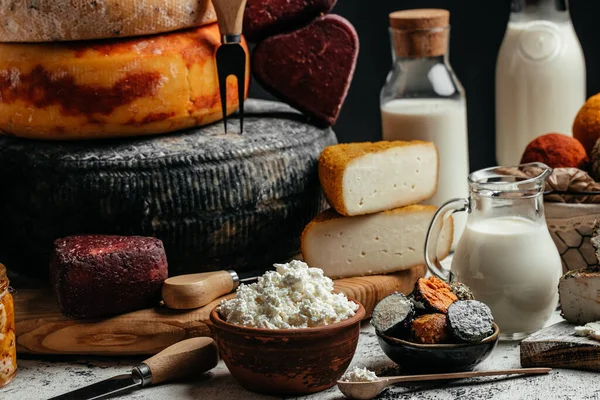 various types of cheese, Various kind of dairy products cheese, traditional pieces of french and italy hand-made cheese. Food recipe background. Close up,