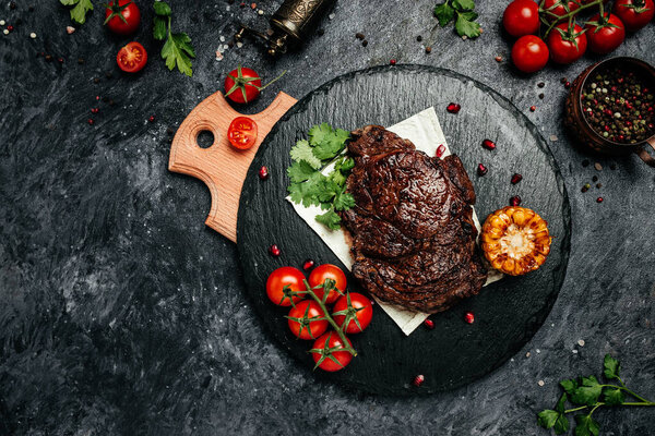 Fresh juicy delicious beef ribeye beef steak, banner, menu, recipe place for text, top view,