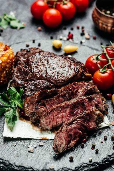 Sliced Steak Ribeye Grilled Dark Stone Background Restaurant Menu Dieting — Foto Stock