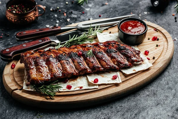 Gegrilde Barbecue Ribbetjes Varkensvlees Lekker Bbq Vlees Banner Menu Recept — Stockfoto