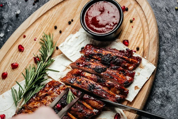 Gerookte Rib Met Barbecuesaus Heerlijk Smakelijk Diner Barbecue Pork Spare — Stockfoto