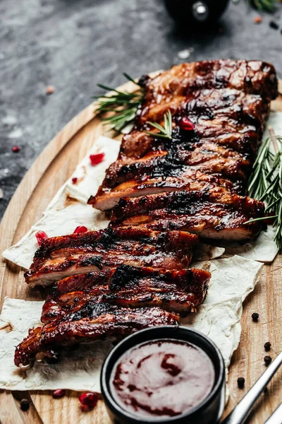 grilled barbecue ribs pork. Tasty bbq meat. banner, menu, recipe top view.