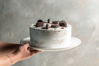 Kremalı tart peynirli kek, çikolatalı kurabiye ve kremalı bisküvi, pankart, menü, metin için tarif yeri..
