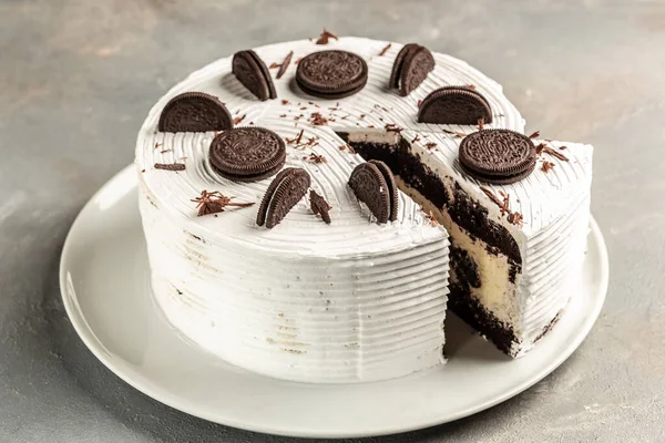 cheesecake with chocolate cookies and cream biscuits. banner, menu, recipe place for text