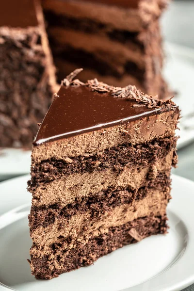 Delicious Chocolate Cake Food Recipe Background Close Layered Chocolate Cake — Stock Photo, Image
