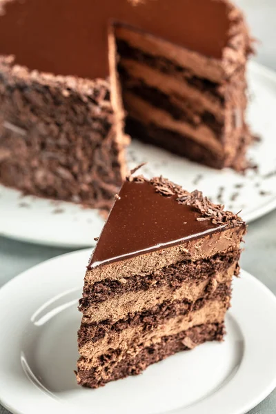 Piece Delicious Chocolate Cake Plate Vertical Image Top View —  Fotos de Stock