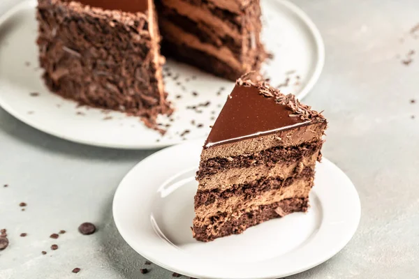 Delicious Chocolate Cake Plate Light Background Food Recipe Background Close —  Fotos de Stock