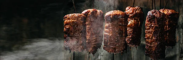 Composition Meats Traditionally Smoked Ham Hanging Ham Smokehouse Smoked Bacon — Stockfoto