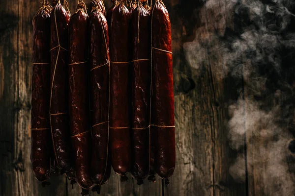 Process Smoking Hanging Sausages Smokehouse Clouds Smoke Rise Envelop Sausages — Stockfoto