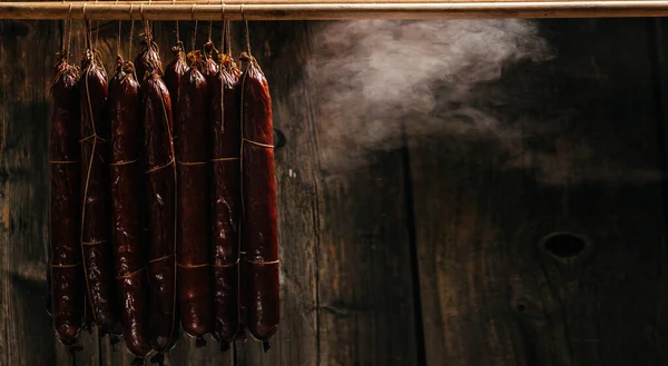 Smoked Sausages Meat Hanging Domestic Smokehouse Clouds Smoke Rise Envelop — Stockfoto