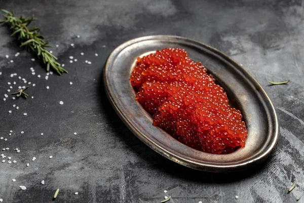 Caviar Delicious Red Caviar Vintage Plate Dark Background Banner Menu — ストック写真