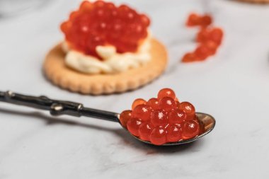 Kırmızı balıklı havyar, arka plandaki hafif makroda bir kaşık içinde, lüks deniz ürünleri. seçici odak, metin için yer.