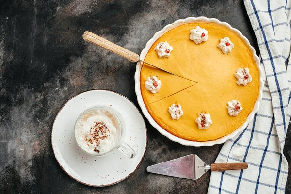 Traditional Autumn Dish Spicy Pumpkin Pie Whipped Cream Latte Cinnamon — Stock Photo, Image