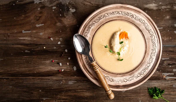 Chicken Cream Soup Traditional Recipe Cheese Soup Pea Sprouts Bowl — Stock Photo, Image