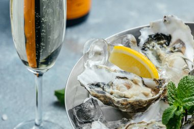 Şarap, limon ve buzlu istiridye. İstiridye yemeği. Restoranda şampanyayla istiridye yemeği. afiş, menü, metin için tarif yeri, üst görünüm.