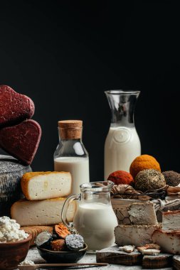 Çeşit çeşit peynir. Koyu bir arka planda el yapımı sert peynirin başı.