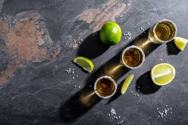 Taş zemin üzerinde limon ve tuz olan Meksika Altın Tekilası. konsept lüks içecek. Alkolik içki. Uzun pankart biçimi.