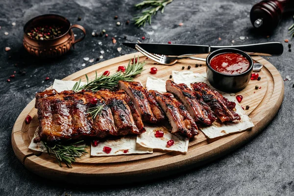 Grilled Ribs Cutting Board Restaurant Menu Dieting Cookbook Recipe Top — Fotografia de Stock