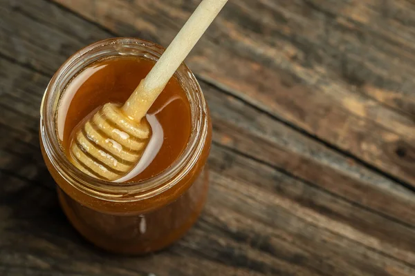 Jar Honey with Honey Dipper, Composition with jar of honey, banner, menu, recipe place for text,
