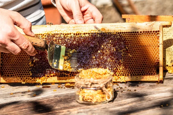 Glas Mit Frischem Honig Glas Imkerwerkzeuge Draußen Rahmen Mit Bienenwachsstruktur — Stockfoto