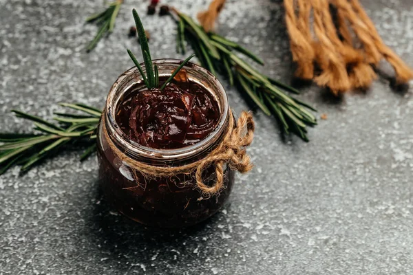 Red Onion Marmalade Jam Confiture Jar Vegetable Jam Dark Background — Stock Photo, Image