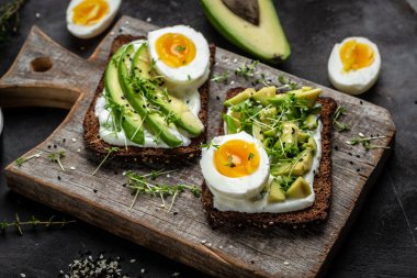 Avokadolu iki tost, haşlanmış yumurta ve mikroyeşil. diyet ya da vejetaryen yemeği. Üst görünüm.