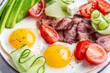 Yumurta, avokado, domates, pastırma ve peynirli keto kahvaltısı. Ketogenik paleo diyeti. Pankart, yemek servisi menü tarifi yeri, metin, üst görünüm.