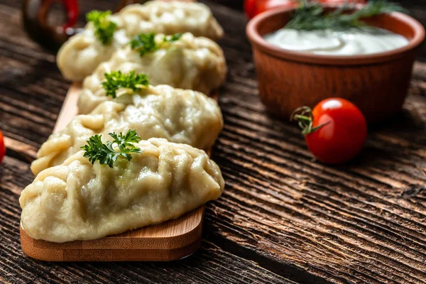 Manti Tradicional Comida Plato Vista Superior Concepto Cocina Oriental Albóndigas —  Fotos de Stock