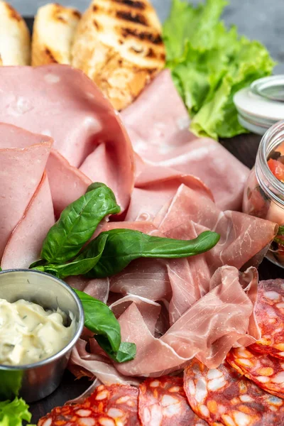 Meat Appetizer Antipasto Platter Cold Meat Plate Prosciutto Slices Ham — Stock Photo, Image